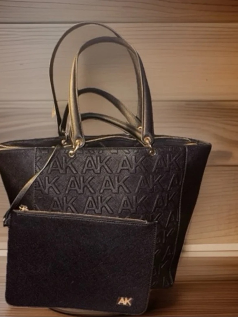 Anne Klein Monogram Tote Bag with Pouch featuring a black faux-leather finish